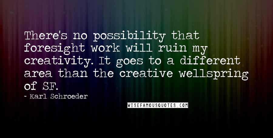 Karl Schroeder Quotes: There's no possibility that foresight work will ruin my creativity. It goes to a different area than the creative wellspring of SF.