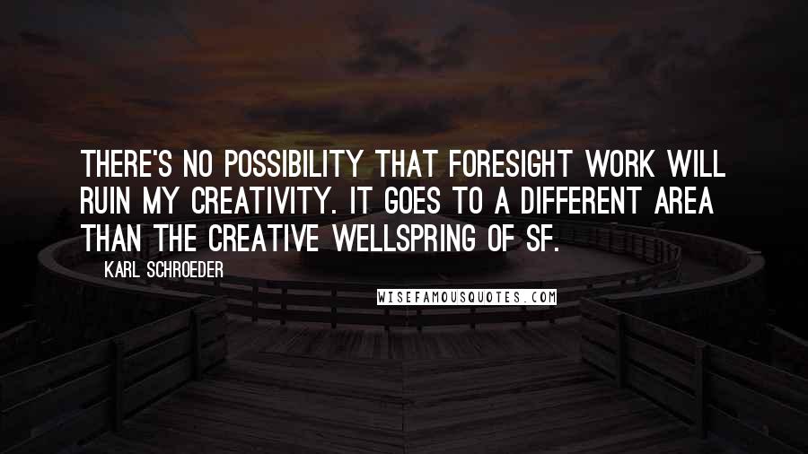 Karl Schroeder Quotes: There's no possibility that foresight work will ruin my creativity. It goes to a different area than the creative wellspring of SF.