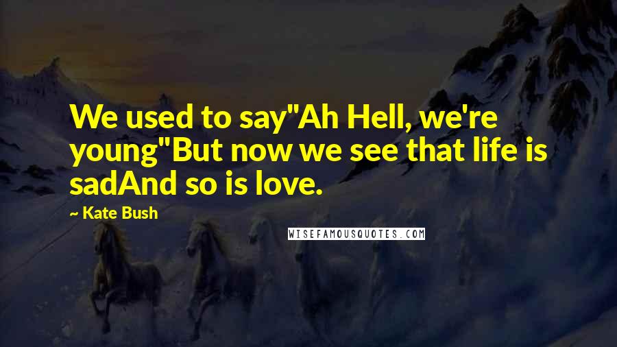 Kate Bush Quotes: We used to say"Ah Hell, we're young"But now we see that life is sadAnd so is love.