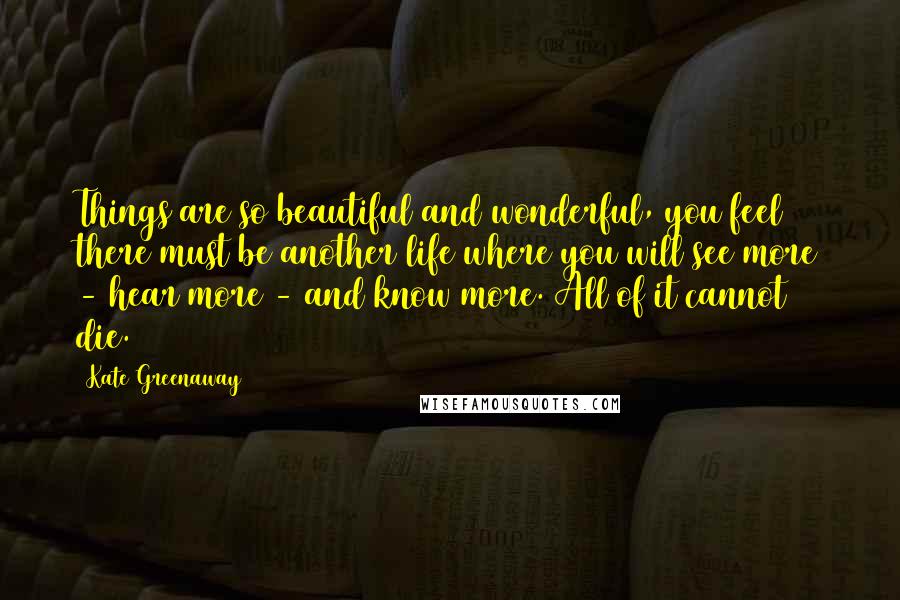 Kate Greenaway Quotes: Things are so beautiful and wonderful, you feel there must be another life where you will see more - hear more - and know more. All of it cannot die.