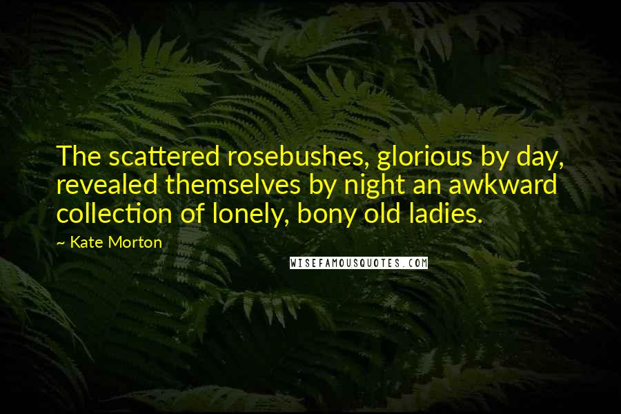 Kate Morton Quotes: The scattered rosebushes, glorious by day, revealed themselves by night an awkward collection of lonely, bony old ladies.