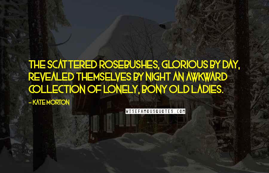 Kate Morton Quotes: The scattered rosebushes, glorious by day, revealed themselves by night an awkward collection of lonely, bony old ladies.