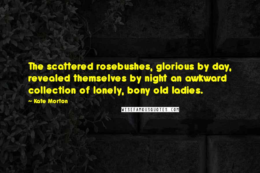 Kate Morton Quotes: The scattered rosebushes, glorious by day, revealed themselves by night an awkward collection of lonely, bony old ladies.