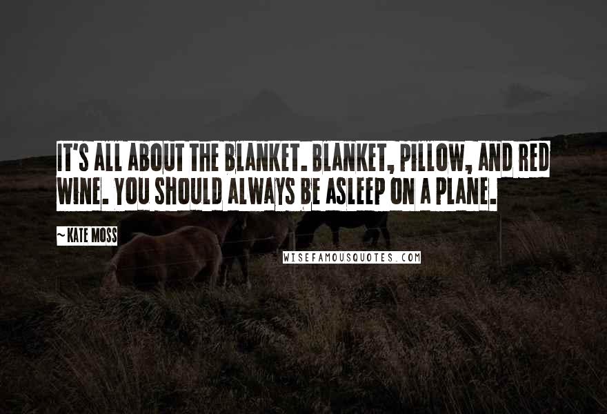 Kate Moss Quotes: It's all about the blanket. Blanket, pillow, and red wine. You should always be asleep on a plane.