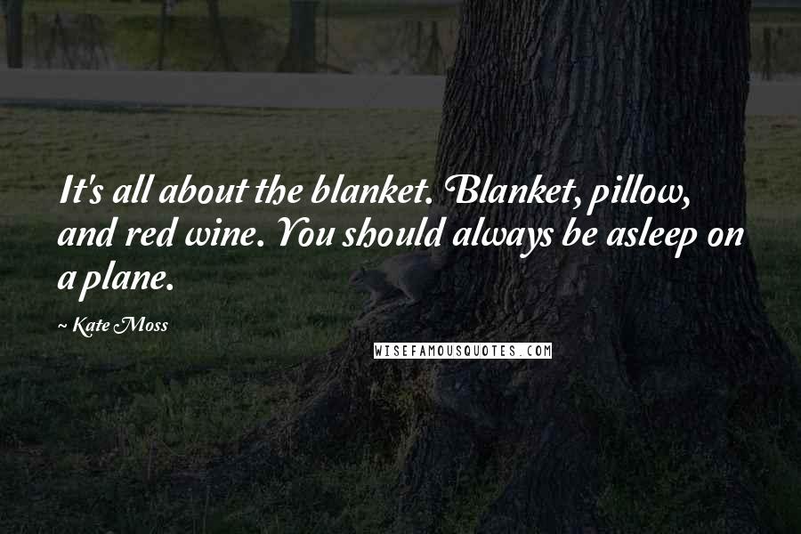 Kate Moss Quotes: It's all about the blanket. Blanket, pillow, and red wine. You should always be asleep on a plane.