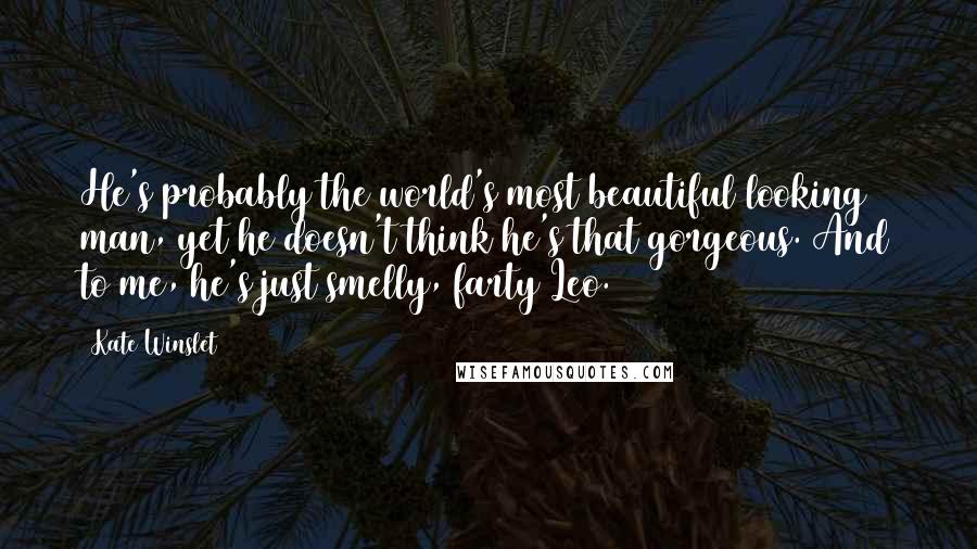 Kate Winslet Quotes: He's probably the world's most beautiful looking man, yet he doesn't think he's that gorgeous. And to me, he's just smelly, farty Leo.