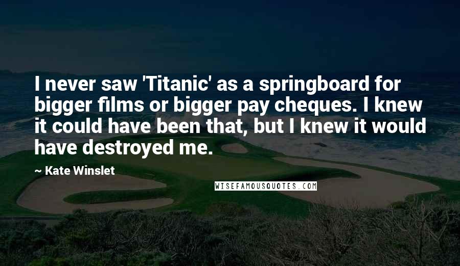 Kate Winslet Quotes: I never saw 'Titanic' as a springboard for bigger films or bigger pay cheques. I knew it could have been that, but I knew it would have destroyed me.