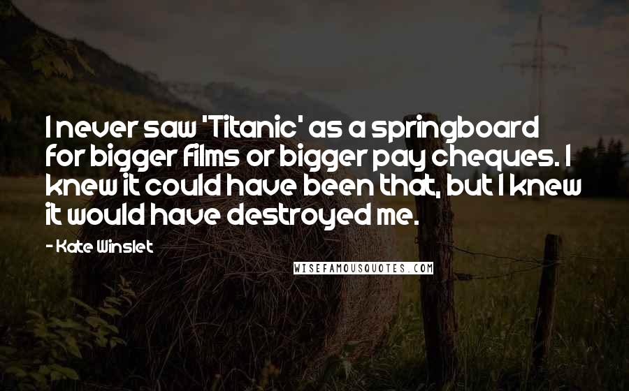 Kate Winslet Quotes: I never saw 'Titanic' as a springboard for bigger films or bigger pay cheques. I knew it could have been that, but I knew it would have destroyed me.