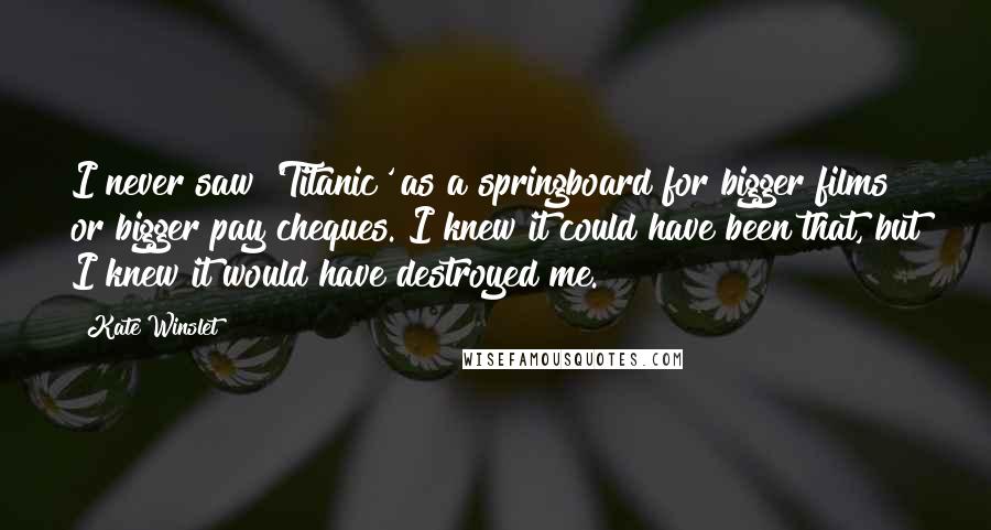 Kate Winslet Quotes: I never saw 'Titanic' as a springboard for bigger films or bigger pay cheques. I knew it could have been that, but I knew it would have destroyed me.