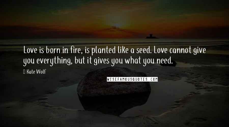 Kate Wolf Quotes: Love is born in fire, is planted like a seed. Love cannot give you everything, but it gives you what you need.
