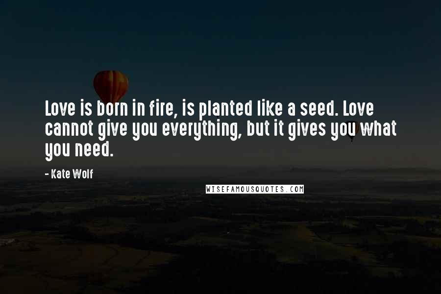 Kate Wolf Quotes: Love is born in fire, is planted like a seed. Love cannot give you everything, but it gives you what you need.