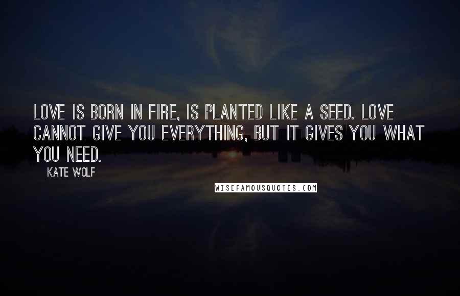 Kate Wolf Quotes: Love is born in fire, is planted like a seed. Love cannot give you everything, but it gives you what you need.