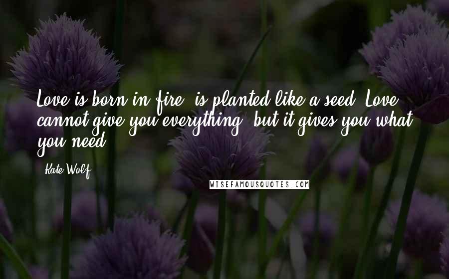 Kate Wolf Quotes: Love is born in fire, is planted like a seed. Love cannot give you everything, but it gives you what you need.
