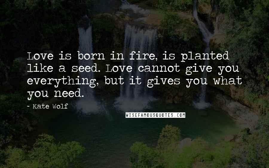 Kate Wolf Quotes: Love is born in fire, is planted like a seed. Love cannot give you everything, but it gives you what you need.