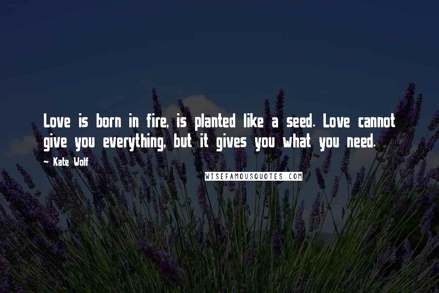 Kate Wolf Quotes: Love is born in fire, is planted like a seed. Love cannot give you everything, but it gives you what you need.