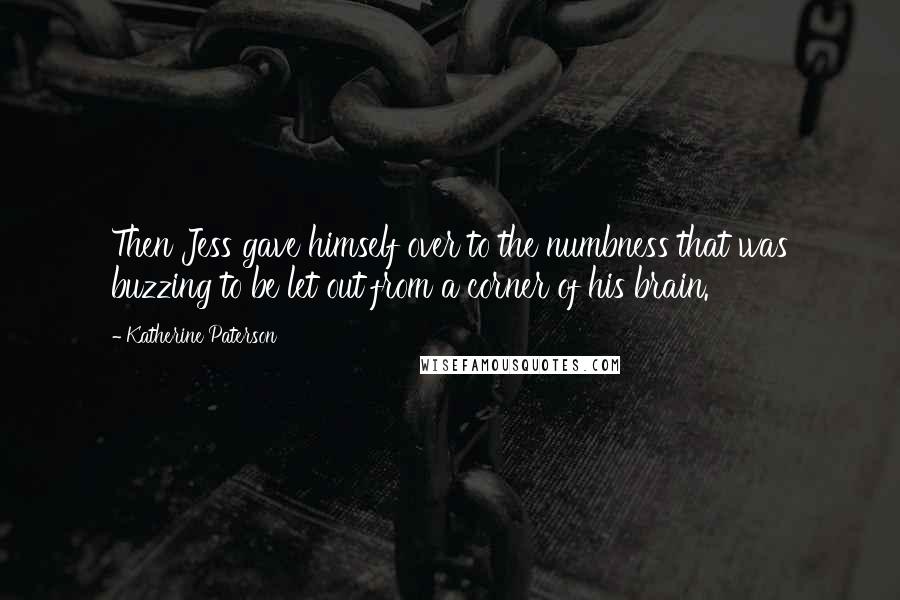 Katherine Paterson Quotes: Then Jess gave himself over to the numbness that was buzzing to be let out from a corner of his brain.