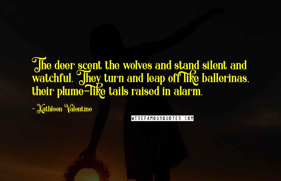 Kathleen Valentine Quotes: The deer scent the wolves and stand silent and watchful. They turn and leap off like ballerinas, their plume-like tails raised in alarm.