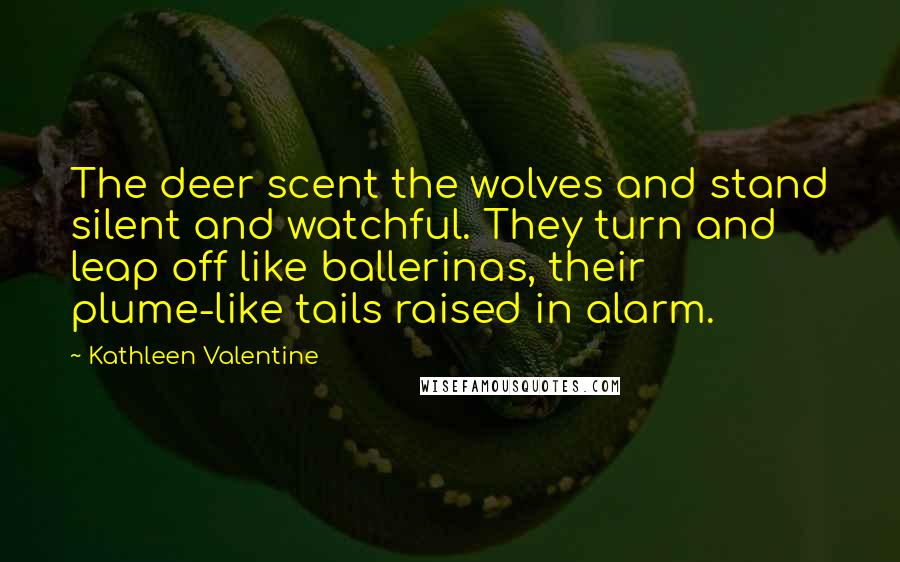 Kathleen Valentine Quotes: The deer scent the wolves and stand silent and watchful. They turn and leap off like ballerinas, their plume-like tails raised in alarm.