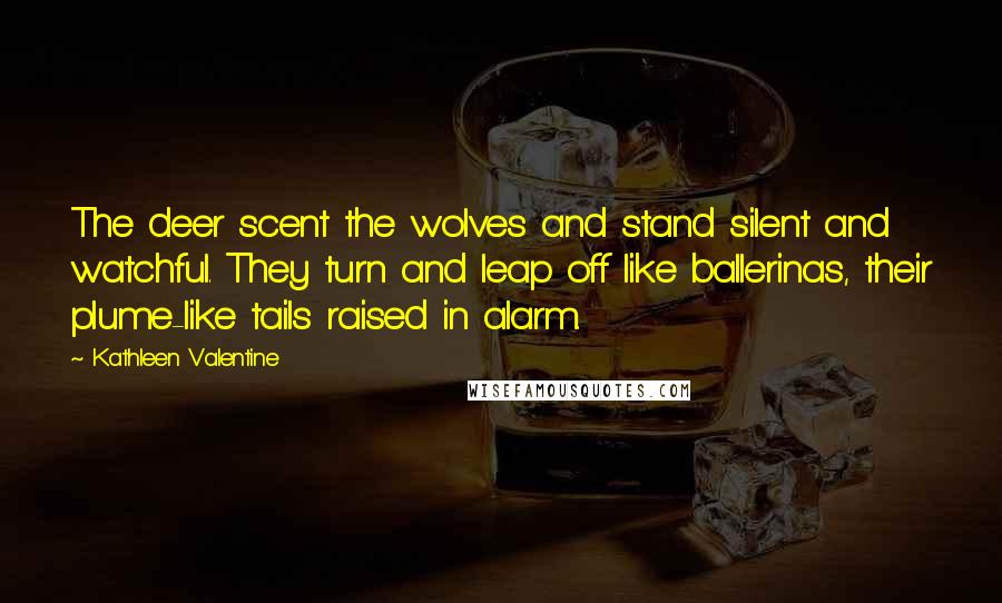 Kathleen Valentine Quotes: The deer scent the wolves and stand silent and watchful. They turn and leap off like ballerinas, their plume-like tails raised in alarm.