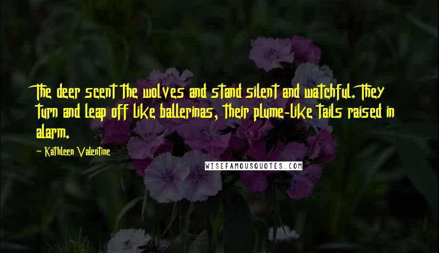 Kathleen Valentine Quotes: The deer scent the wolves and stand silent and watchful. They turn and leap off like ballerinas, their plume-like tails raised in alarm.