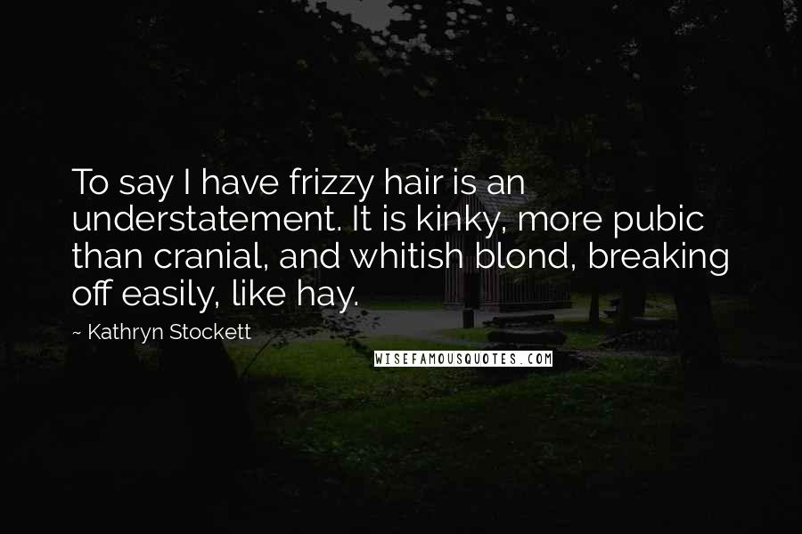 Kathryn Stockett Quotes: To say I have frizzy hair is an understatement. It is kinky, more pubic than cranial, and whitish blond, breaking off easily, like hay.