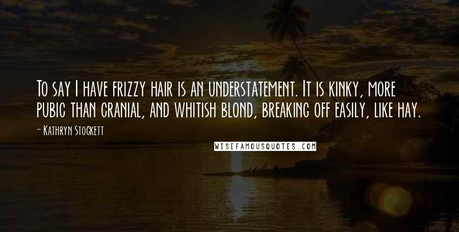Kathryn Stockett Quotes: To say I have frizzy hair is an understatement. It is kinky, more pubic than cranial, and whitish blond, breaking off easily, like hay.