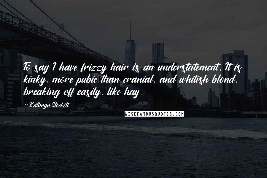 Kathryn Stockett Quotes: To say I have frizzy hair is an understatement. It is kinky, more pubic than cranial, and whitish blond, breaking off easily, like hay.