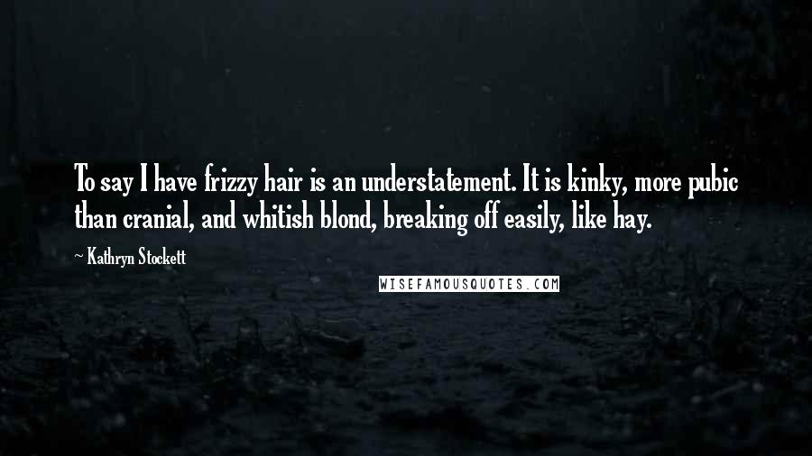 Kathryn Stockett Quotes: To say I have frizzy hair is an understatement. It is kinky, more pubic than cranial, and whitish blond, breaking off easily, like hay.