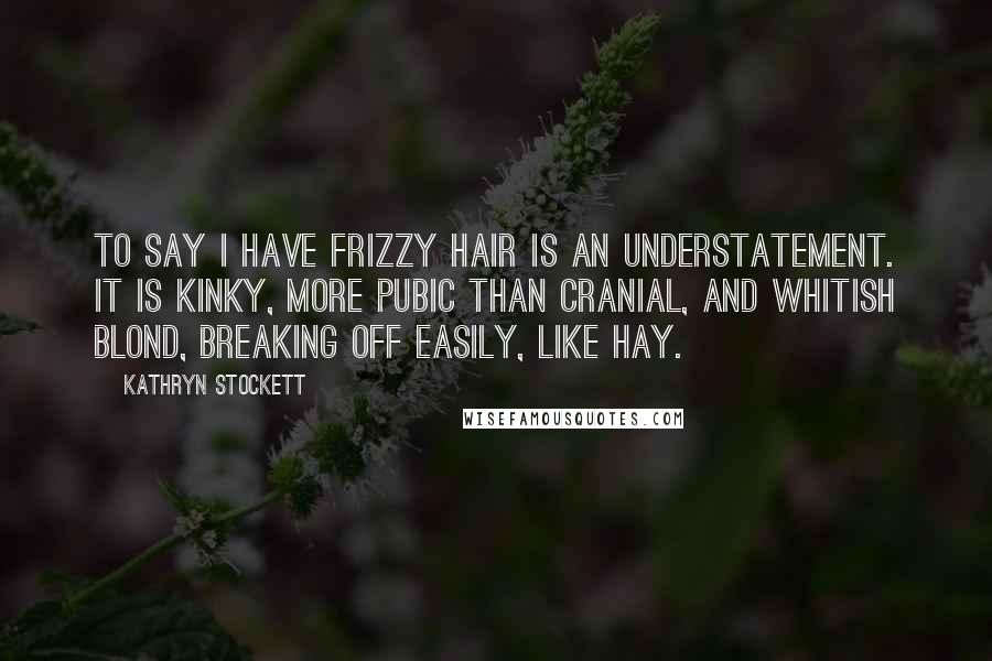 Kathryn Stockett Quotes: To say I have frizzy hair is an understatement. It is kinky, more pubic than cranial, and whitish blond, breaking off easily, like hay.