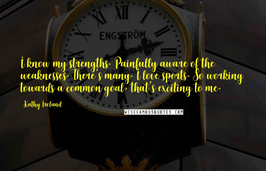 Kathy Ireland Quotes: I know my strengths. Painfully aware of the weaknesses. There's many. I love sports. So working towards a common goal, that's exciting to me.