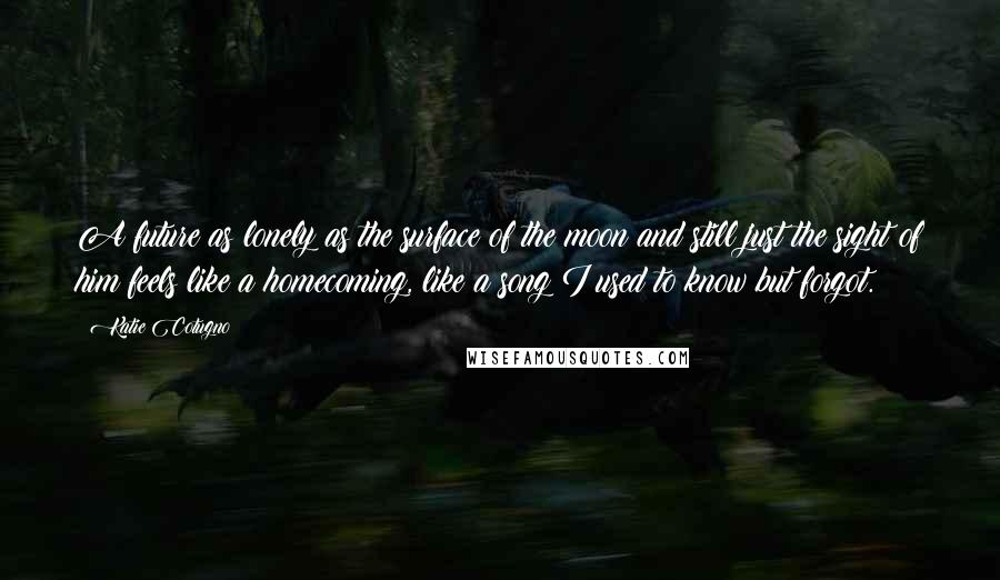 Katie Cotugno Quotes: A future as lonely as the surface of the moon and still just the sight of him feels like a homecoming, like a song I used to know but forgot.