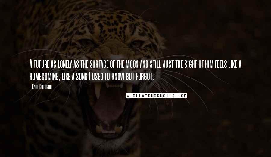 Katie Cotugno Quotes: A future as lonely as the surface of the moon and still just the sight of him feels like a homecoming, like a song I used to know but forgot.