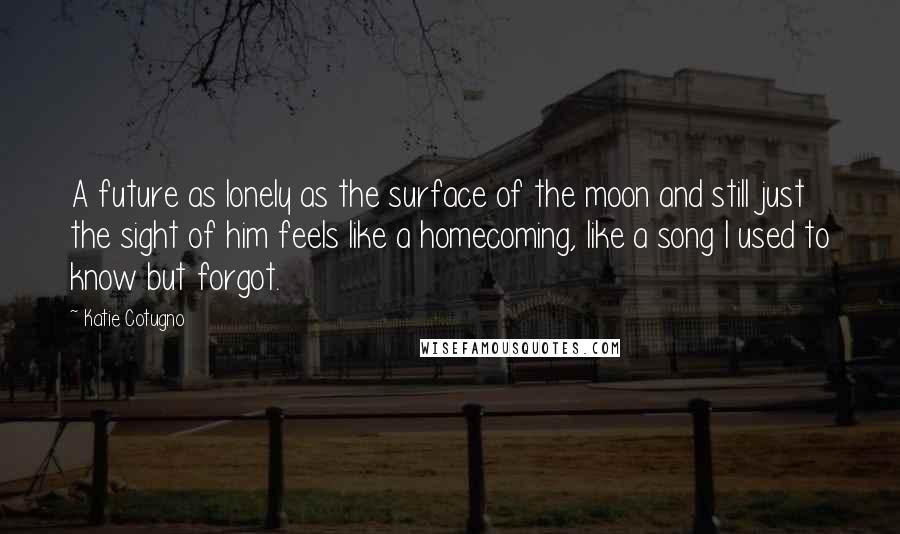 Katie Cotugno Quotes: A future as lonely as the surface of the moon and still just the sight of him feels like a homecoming, like a song I used to know but forgot.
