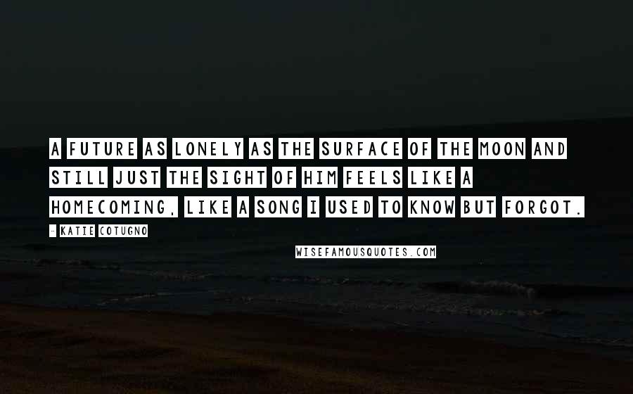 Katie Cotugno Quotes: A future as lonely as the surface of the moon and still just the sight of him feels like a homecoming, like a song I used to know but forgot.