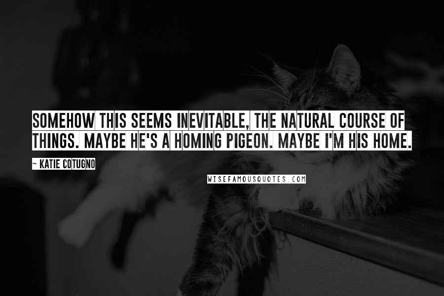 Katie Cotugno Quotes: Somehow this seems inevitable, the natural course of things. Maybe he's a homing pigeon. Maybe I'm his home.
