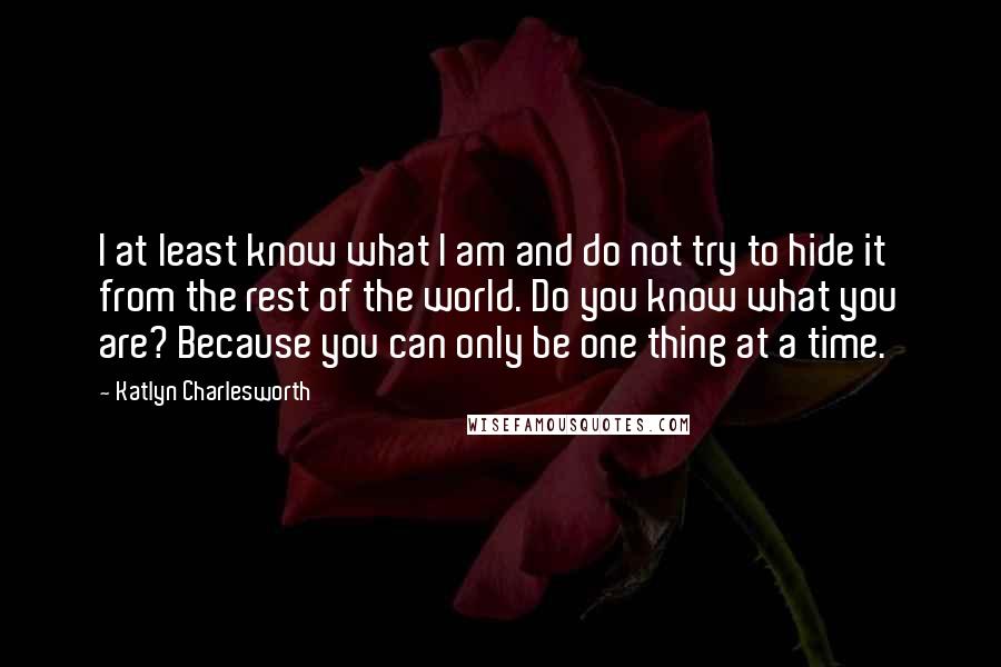 Katlyn Charlesworth Quotes: I at least know what I am and do not try to hide it from the rest of the world. Do you know what you are? Because you can only be one thing at a time.