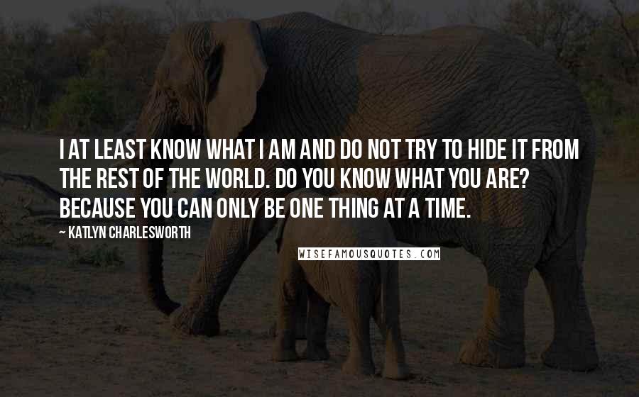 Katlyn Charlesworth Quotes: I at least know what I am and do not try to hide it from the rest of the world. Do you know what you are? Because you can only be one thing at a time.