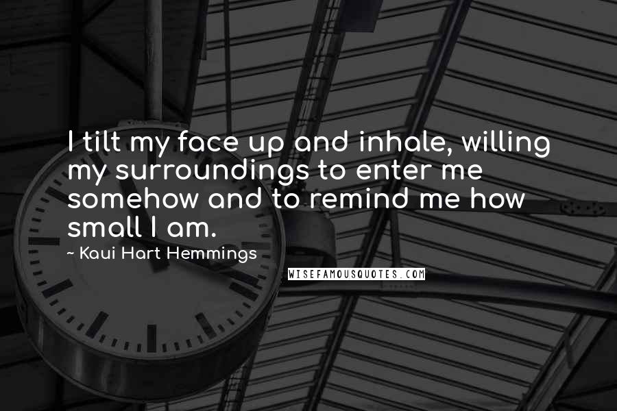 Kaui Hart Hemmings Quotes: I tilt my face up and inhale, willing my surroundings to enter me somehow and to remind me how small I am.