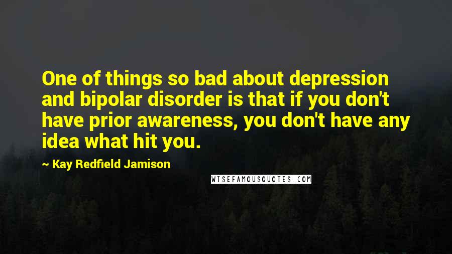 Kay Redfield Jamison Quotes: One of things so bad about depression and bipolar disorder is that if you don't have prior awareness, you don't have any idea what hit you.