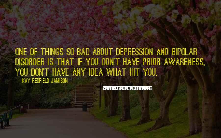 Kay Redfield Jamison Quotes: One of things so bad about depression and bipolar disorder is that if you don't have prior awareness, you don't have any idea what hit you.