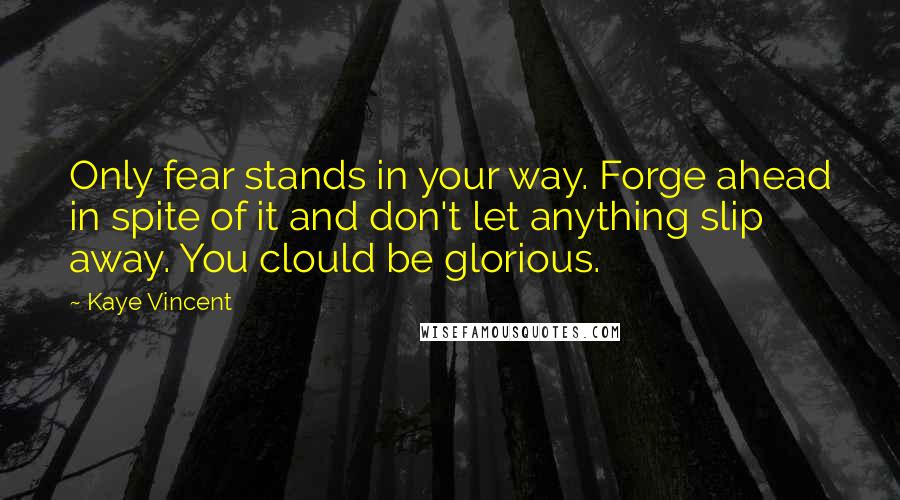 Kaye Vincent Quotes: Only fear stands in your way. Forge ahead in spite of it and don't let anything slip away. You clould be glorious.