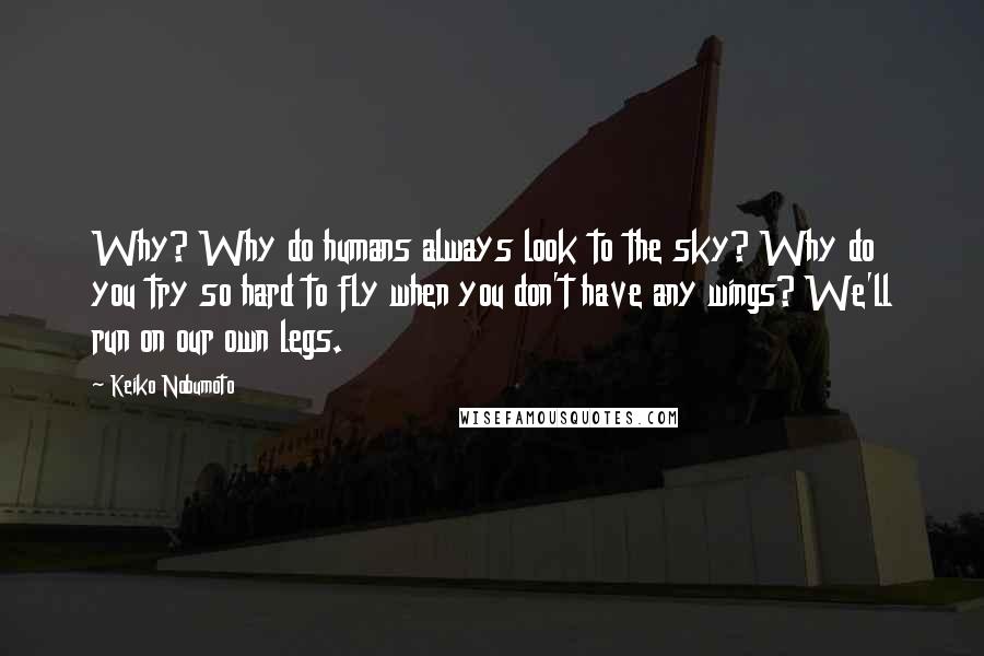 Keiko Nobumoto Quotes: Why? Why do humans always look to the sky? Why do you try so hard to fly when you don't have any wings? We'll run on our own legs.