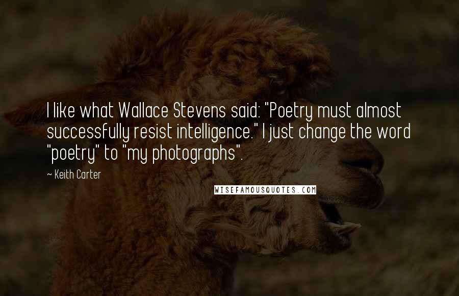 Keith Carter Quotes: I like what Wallace Stevens said: "Poetry must almost successfully resist intelligence." I just change the word "poetry" to "my photographs".