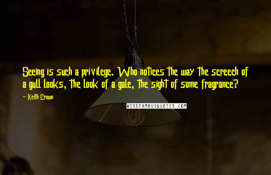 Keith Crown Quotes: Seeing is such a privilege. Who notices the way the screech of a gull looks, the look of a gale, the sight of some fragrance?