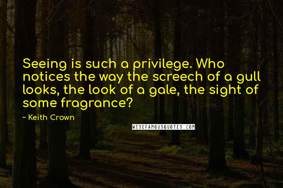 Keith Crown Quotes: Seeing is such a privilege. Who notices the way the screech of a gull looks, the look of a gale, the sight of some fragrance?