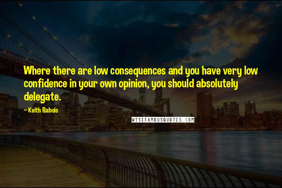 Keith Rabois Quotes: Where there are low consequences and you have very low confidence in your own opinion, you should absolutely delegate.