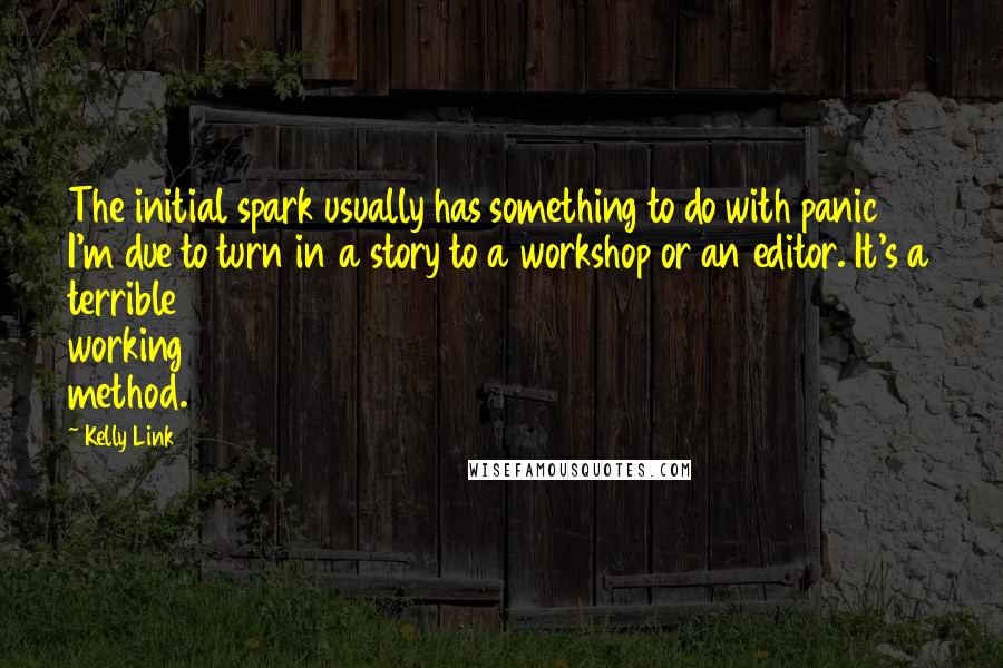 Kelly Link Quotes: The initial spark usually has something to do with panic  I'm due to turn in a story to a workshop or an editor. It's a terrible working method.