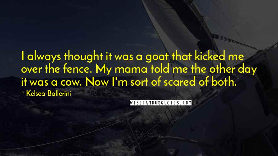 Kelsea Ballerini Quotes: I always thought it was a goat that kicked me over the fence. My mama told me the other day it was a cow. Now I'm sort of scared of both.