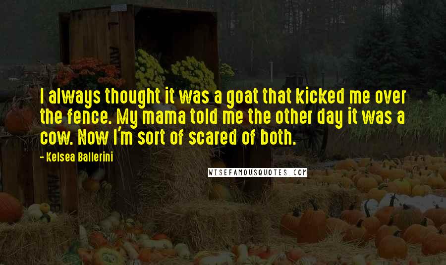Kelsea Ballerini Quotes: I always thought it was a goat that kicked me over the fence. My mama told me the other day it was a cow. Now I'm sort of scared of both.