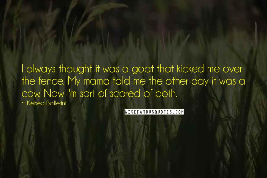 Kelsea Ballerini Quotes: I always thought it was a goat that kicked me over the fence. My mama told me the other day it was a cow. Now I'm sort of scared of both.